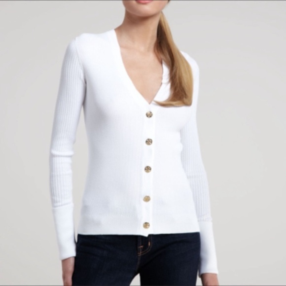 Tory Burch White Ribbed Cardigan Sweater Small